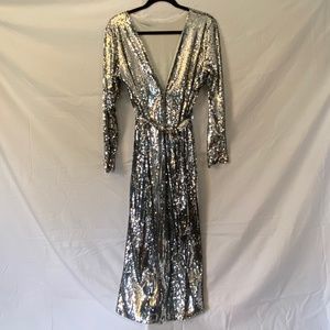 Silver Sequin Long Belted Wrap Dress/Jacket